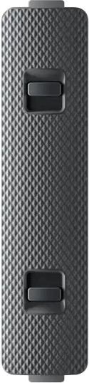 A textured, grey, rectangular object with two black buttons. The object is a dark, matte grey color.