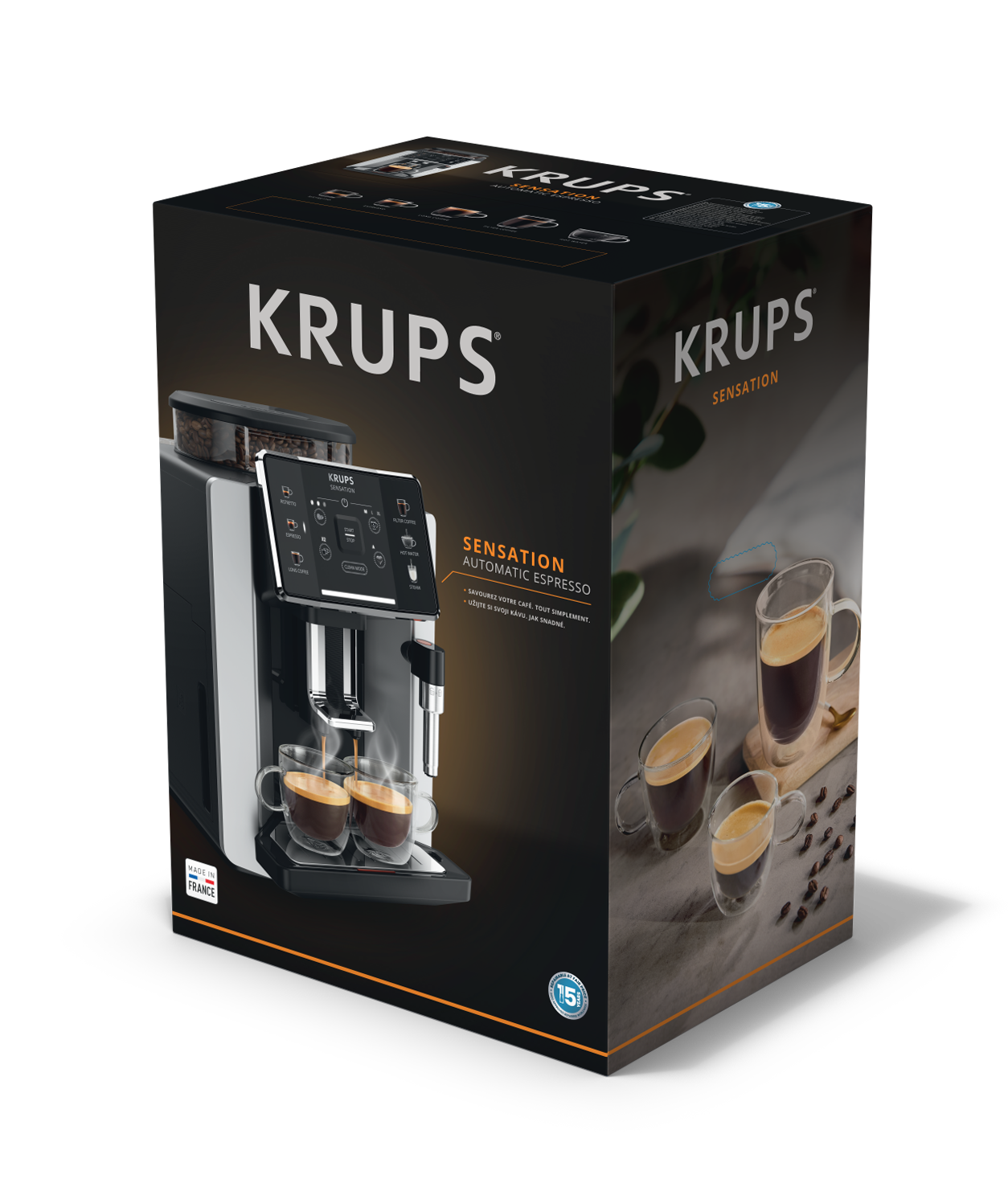 Una caja de la cafetera espresso Krups Sensation. Frente: Máquina y tazas. Atrás: ilustraciones de café y máquina.