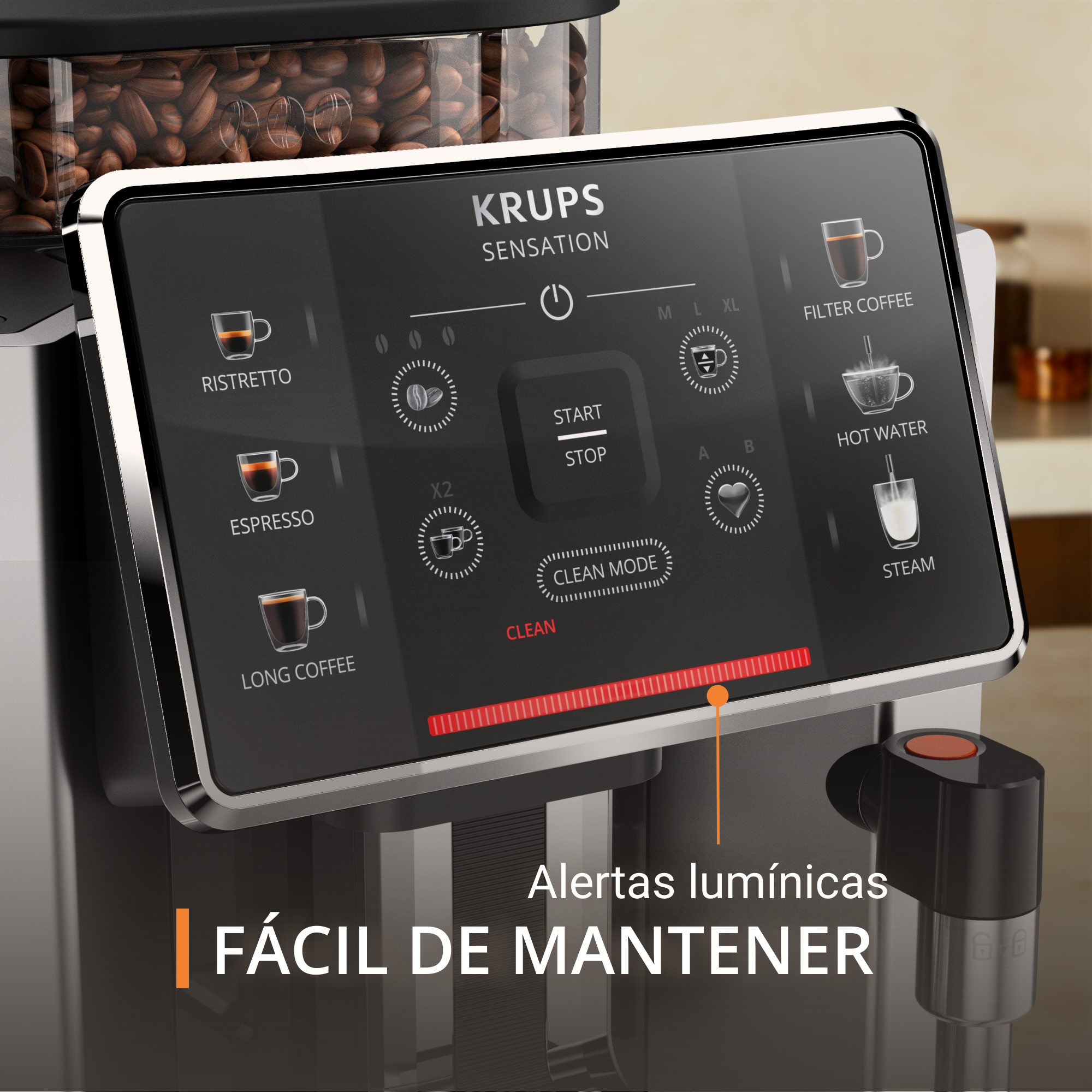 Primer plano de la pantalla de una cafetera Krups Sensation, mostrando los botones.