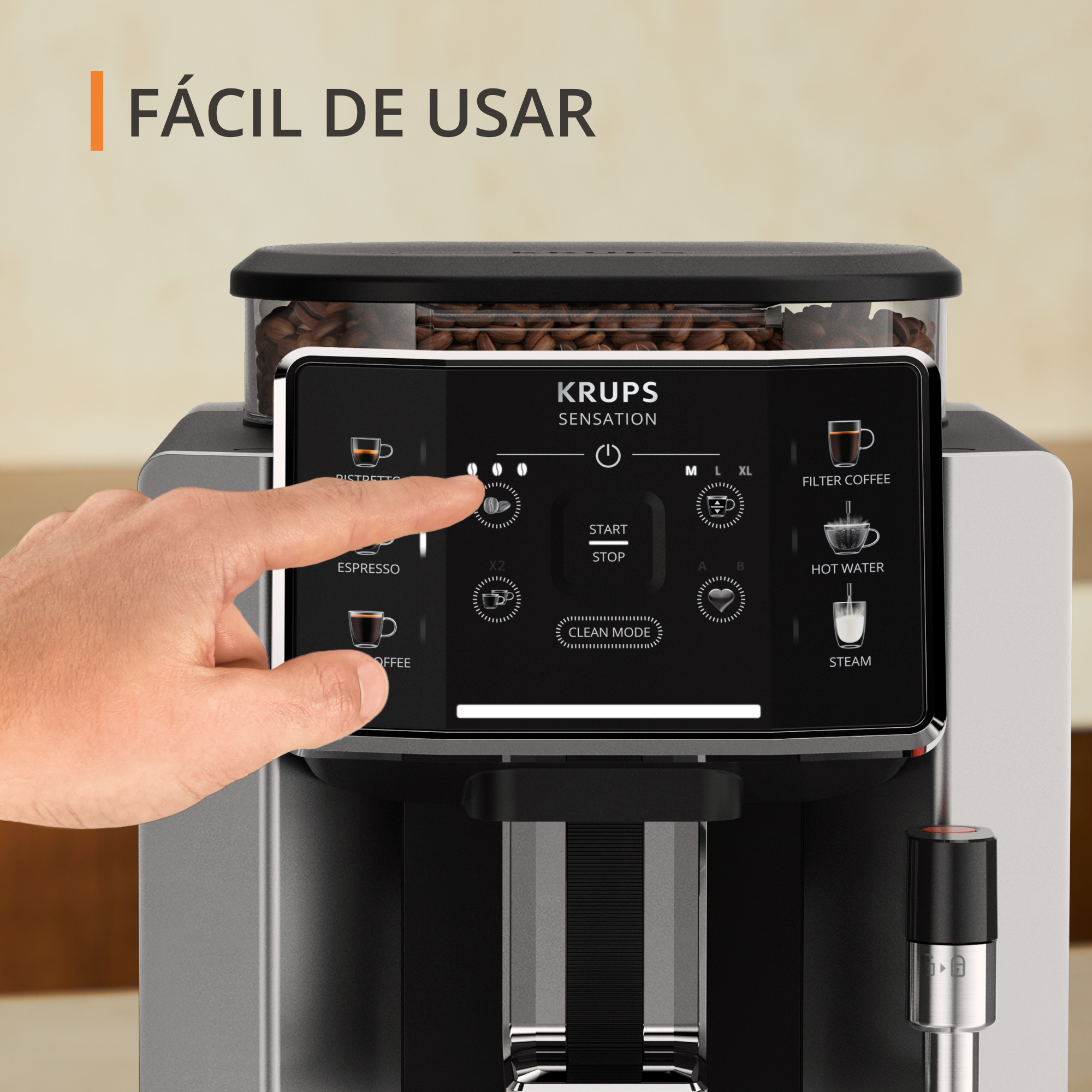 Cafetera con la mano de una persona tocando la pantalla. El texto dice Fácil de usar.