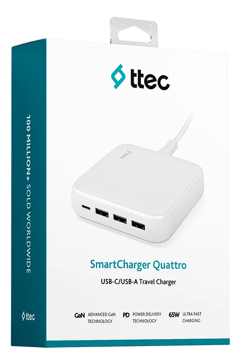 Fehér töltő több USB porttal és doboz a termék leírásával.