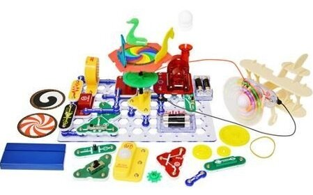 Zestaw zabawek elektronicznych z wieloma kolorowymi elementami połączonymi w obwód.