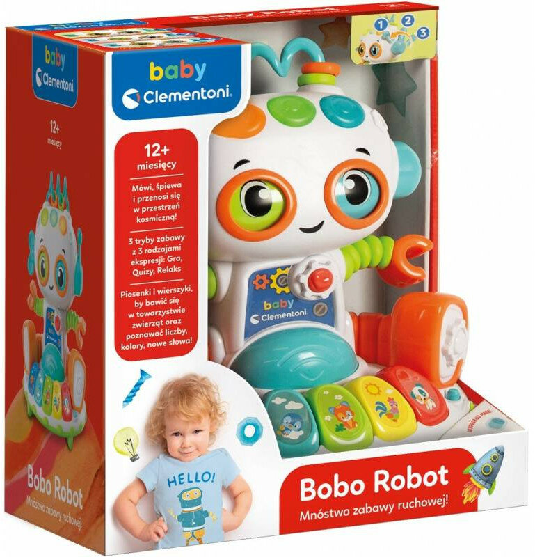Zabawka Baby Clementoni Bobo Robot w pudełku, kolorowy robot z dzieckiem.