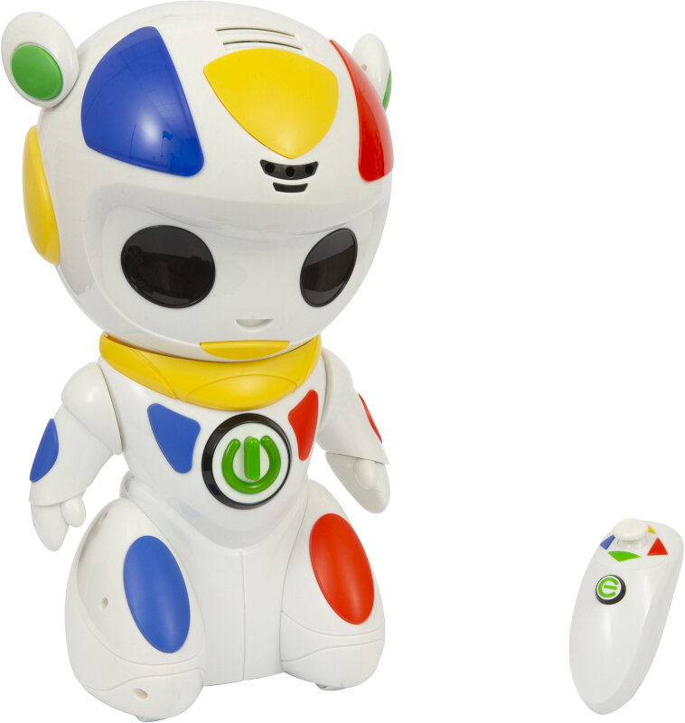 Biały robot z kolorowymi akcentami i pilotem.