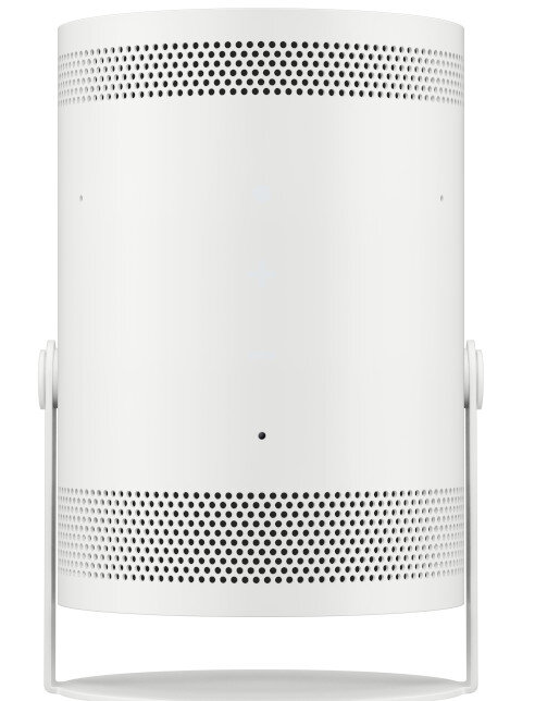 Biały, cylindryczny głośnik z siatkową powierzchnią i podstawą. Głośnik ma biały korpus i czarne otwory.