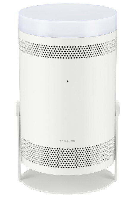 Biały głośnik cylindryczny z białą górą i podstawą. Czarne perforowane sekcje.