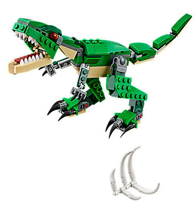 Zielony dinozaur LEGO z otwartą szczęką i zestaw białych kości.