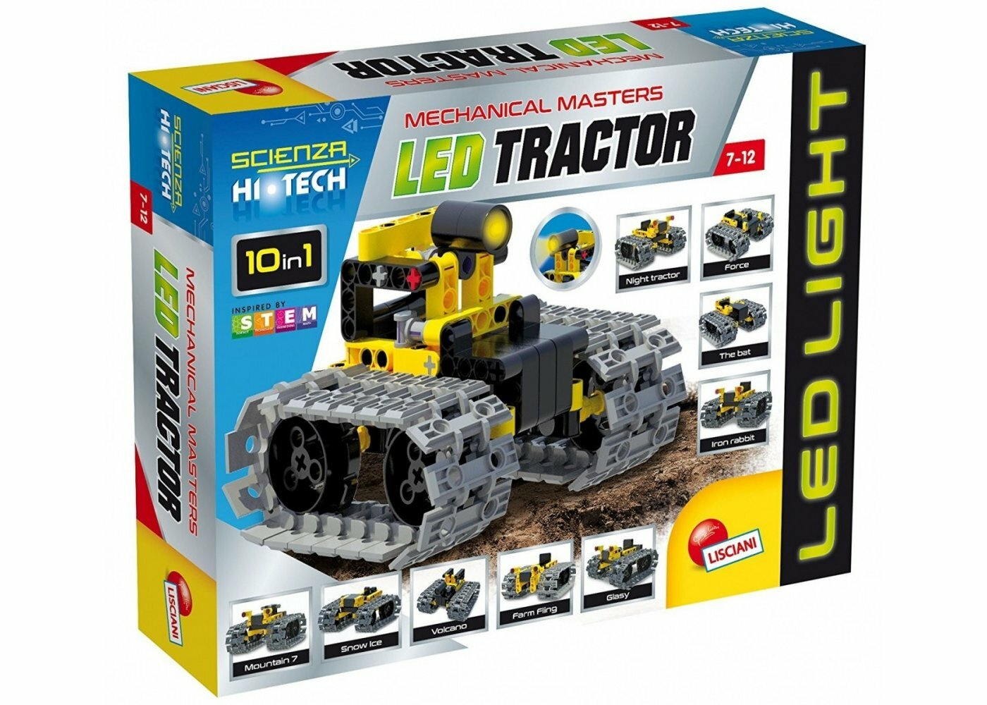 Pudełko z zabawką ciągnika. Żółty i szary model ciągnika. Tekst: LED Tractor. Inne modele.