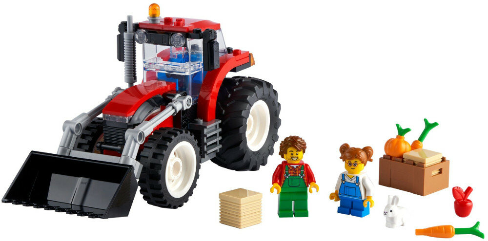 Traktor Lego z czerwonym korpusem i ładowaczem czołowym. Dwie figurki Lego i warzywa obecne.
