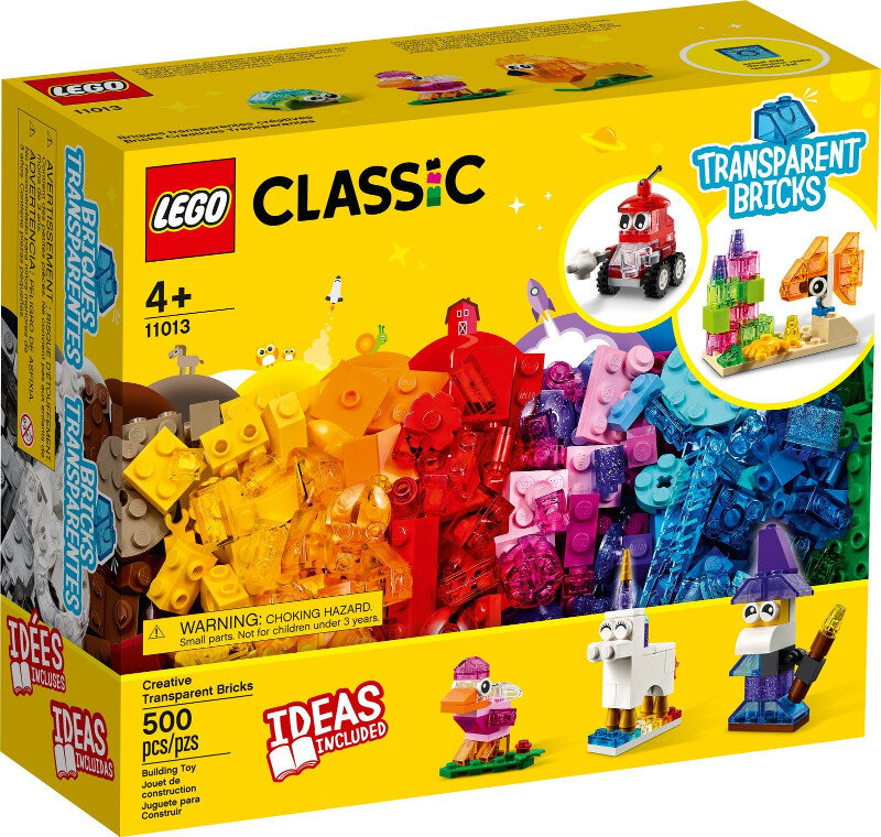Pudełko LEGO Classic Transparent Bricks. Zawiera kolorowe klocki.