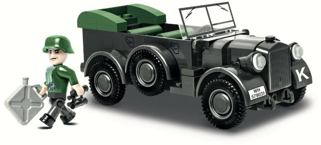 Zabawkowi żołnierze i pojazd wojskowy, ciężarówka, z figurką żołnierza.