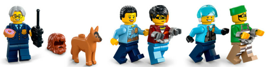 Minifigurki Lego City: policjant, pies, dwóch funkcjonariuszy i złodziej.