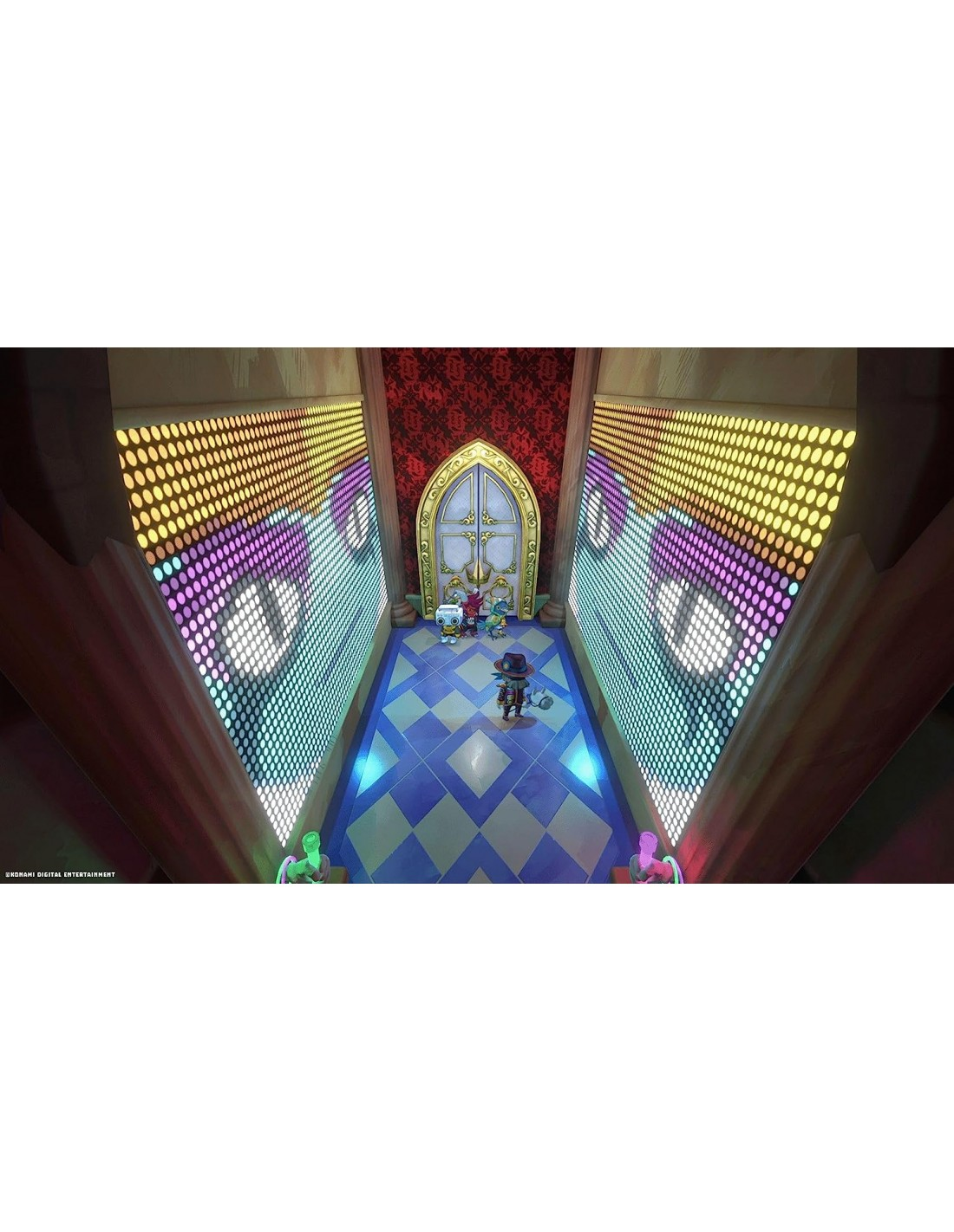 Una escena colorida de un juego. Los personajes están en una habitación bien iluminada y ornamentada.