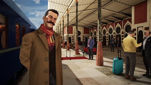 Hombre con bigote en abrigo marrón está en andén con un tren.