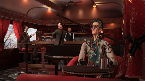 Escena interior con personas. Una mujer en la mesa, un hombre detrás de la barra y un pianista.