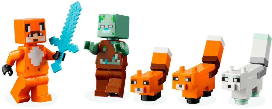 Figurki LEGO Minecraft: lis, zombie, dwa lisy i lis śnieżny z mieczem.