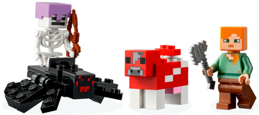 Zestaw LEGO Minecraft ze szkieletem na pająku, czerwoną krową i figurką z siekierą.
