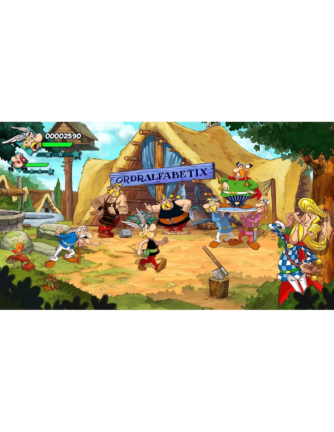 Escena de dibujos animados de Asterix y Obelix. Personajes reunidos alrededor de una mesa cerca de una choza de paja.
