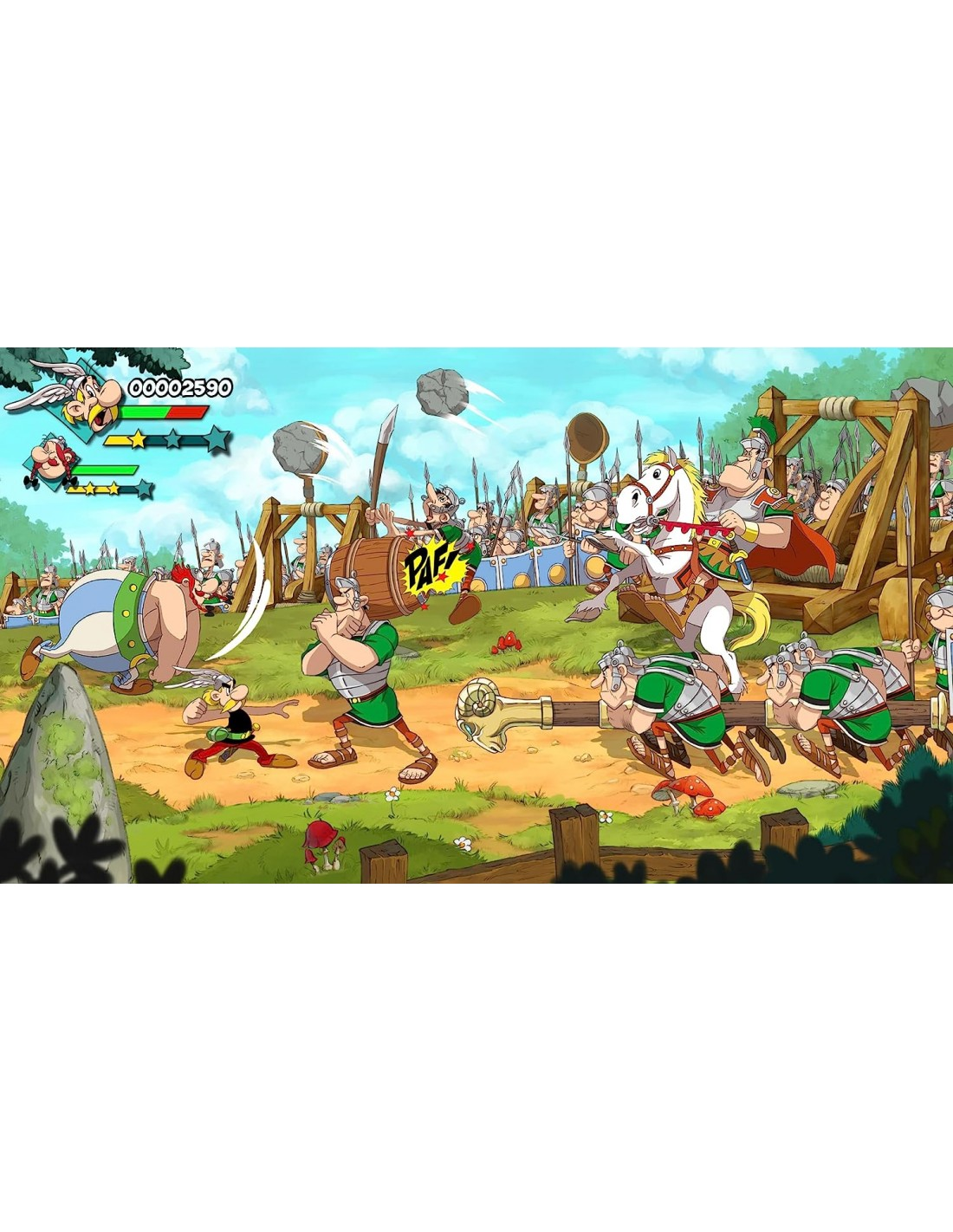 Una escena de juego con personajes de dibujos animados luchando, un entorno medieval, con fondo blanco.