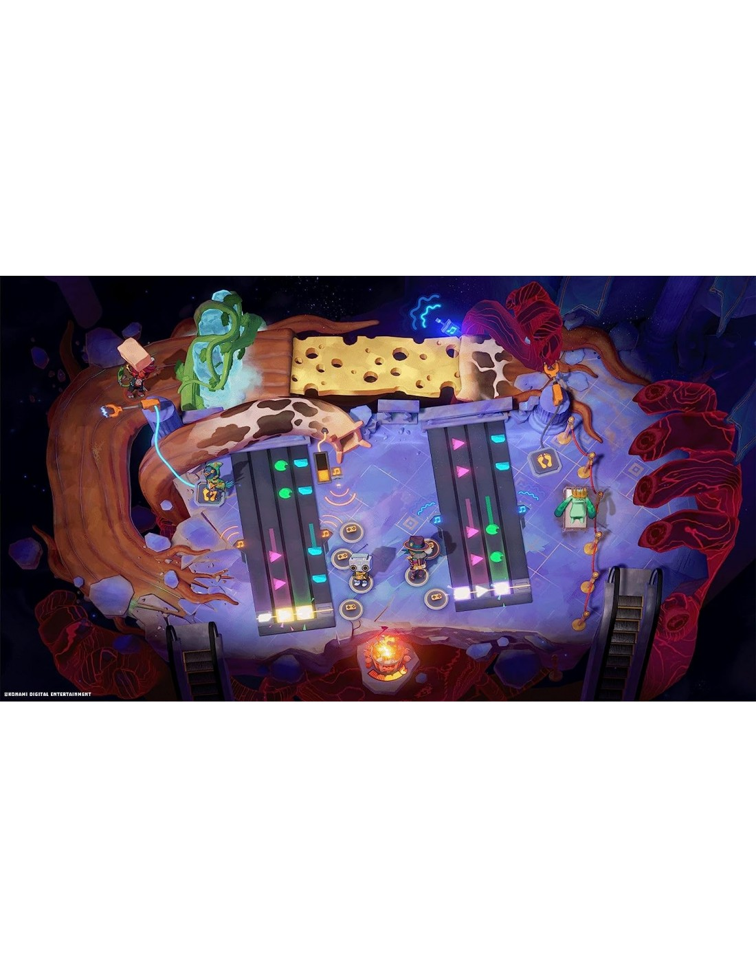 Escena del juego Overcooked. Personajes y objetos en una plataforma con luces y música.