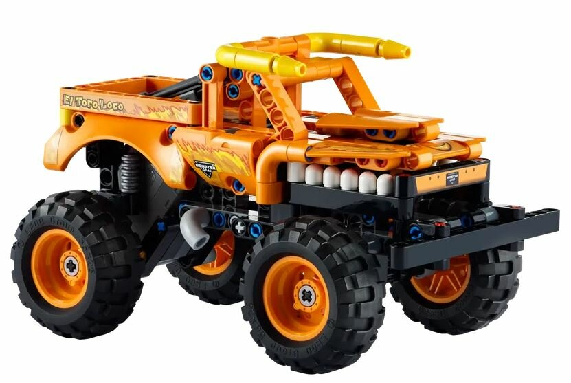 Pomarańczowa ciężarówka potworów Lego z dużymi kołami i płomieniami.