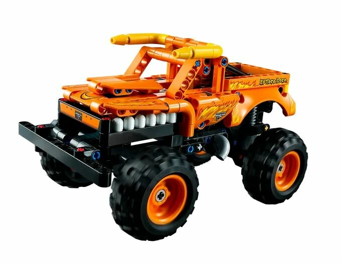 Pomarańczowa ciężarówka potworów Lego. Czarne opony i detale.