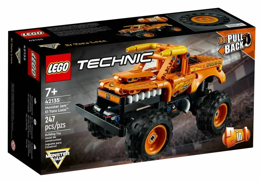 Zestaw Lego Technic El Toro Loco Monster Jam. Pomarańczowy monster truck na czarnym opakowaniu.
