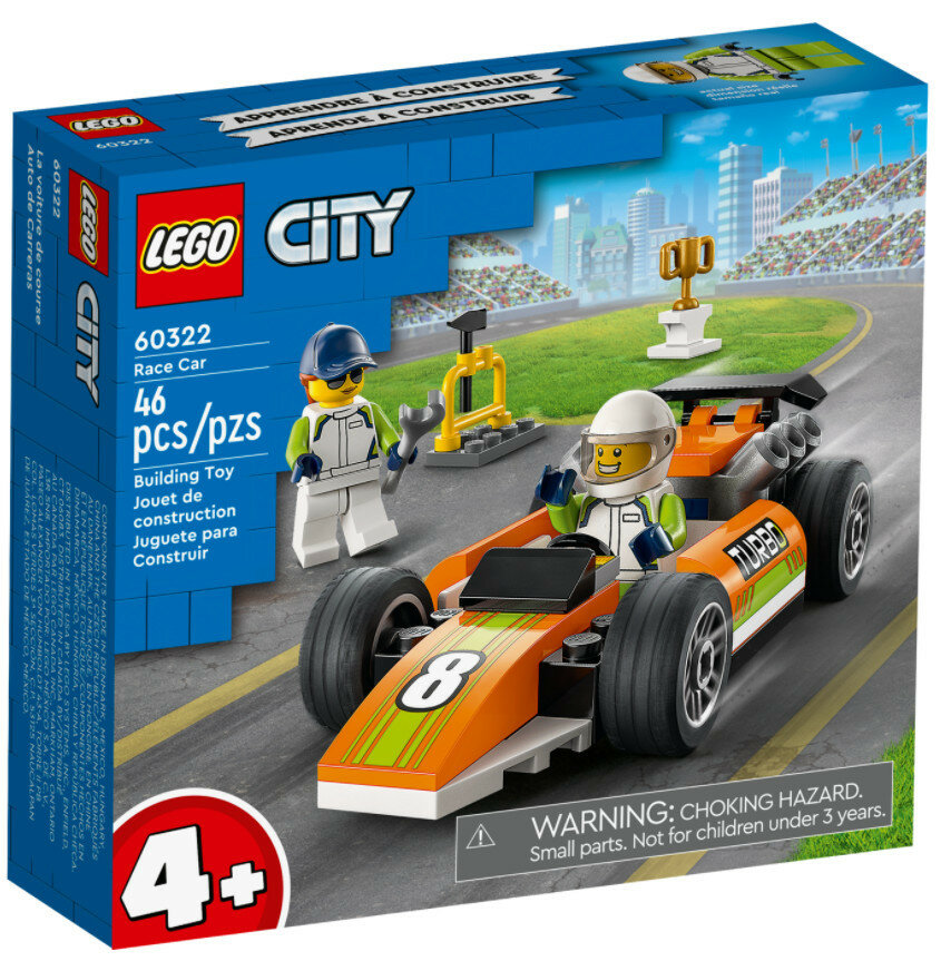Pudełko zestawu LEGO City Samochód Wyścigowy. Pomarańczowy samochód, dwie minifigurki i tor.