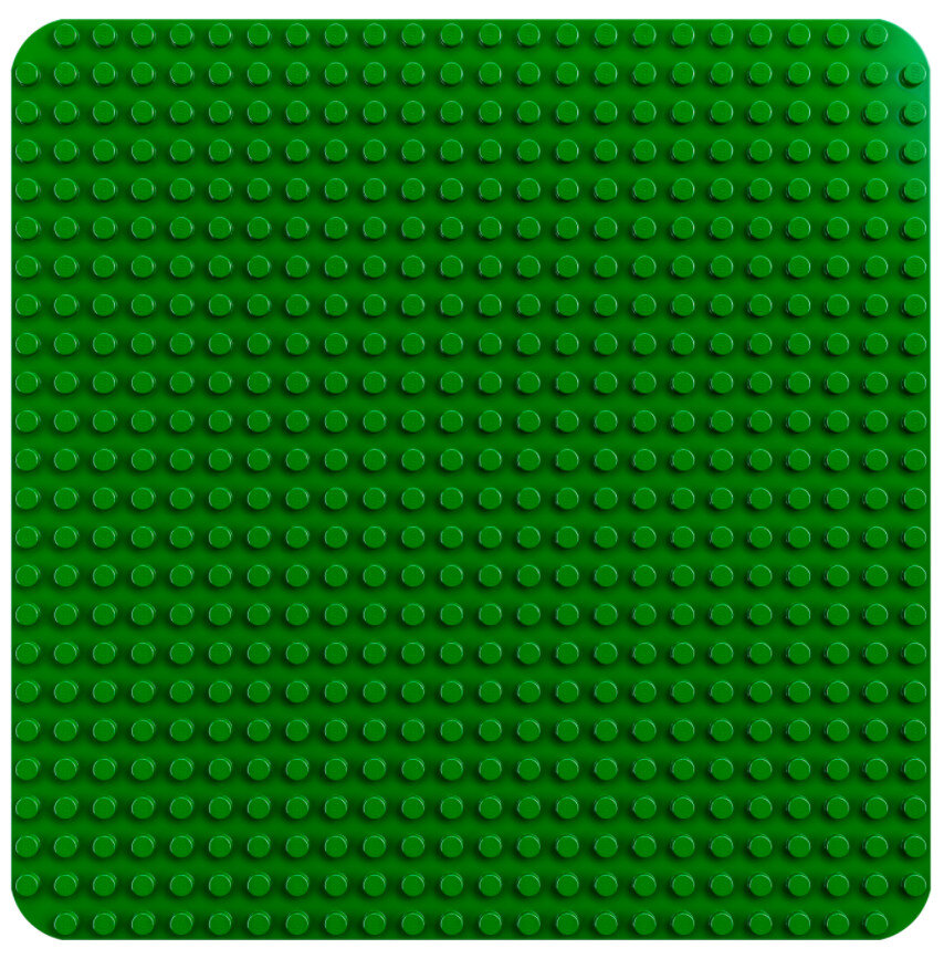 Zielona płytka bazowa LEGO z licznymi zielonymi wypustkami. Kwadratowy kształt.