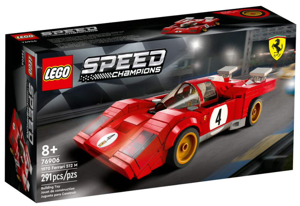 Pudełko zestawu LEGO Speed Champions 1970 Ferrari 512 M. Czerwony samochód, tor, czarne tło.