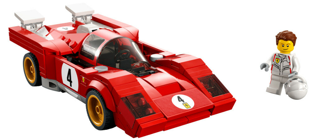 Czerwony model samochodu wyścigowego Lego Ferrari z figurką kierowcy. Białe tło.