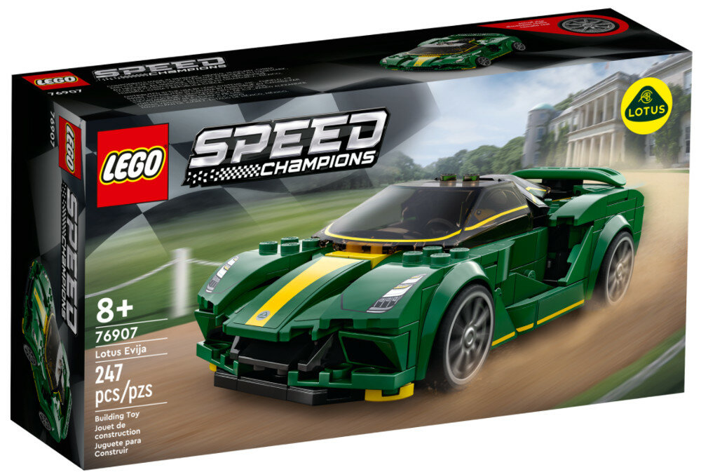 Zestaw Lego Speed Champions zielonego samochodu wyścigowego Lotus Evija z tłem w szachownicę.