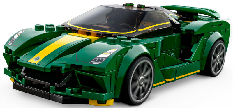 Zielony model samochodu sportowego Lego z żółtym paskiem i czarnymi kołami, na białym tle.