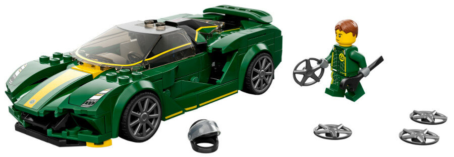 Model Lego zielonego samochodu sportowego, z minifigurką i dodatkowymi elementami.