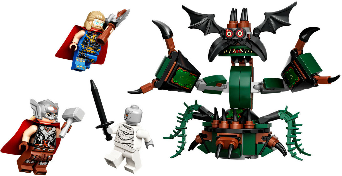Zestaw Lego z Thorem, potworem i innymi postaciami. Zawiera broń i postacie.