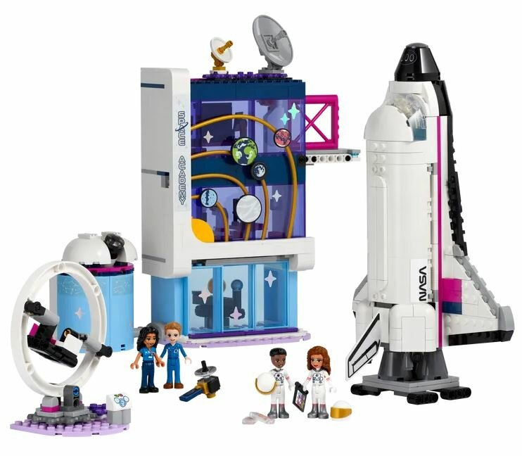 Zestaw LEGO Friends ze stacją kosmiczną, promem kosmicznym i miniaturowymi figurkami.