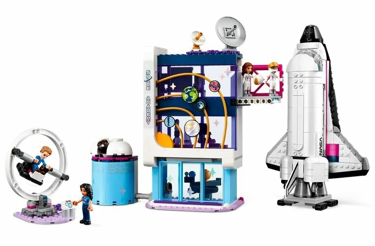 Zestaw LEGO Friends Space Academy. Zawiera figurki, wahadłowiec i model budynku.
