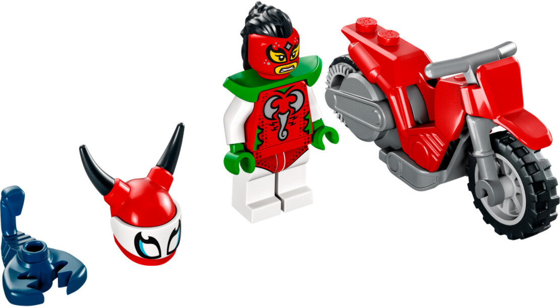 Minifigurka Lego i akcesoria zapaśnika z motocyklem i kilkoma akcesoriami.