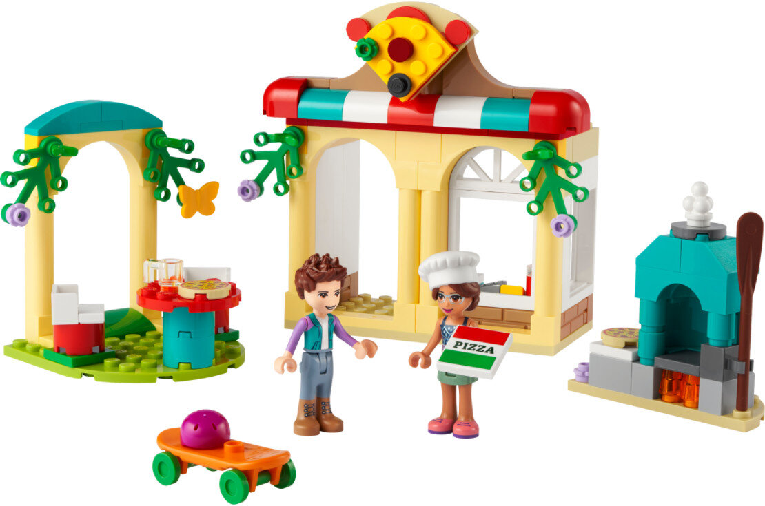 Zestaw Lego pizzeria z dwiema figurkami, pizzą i deskorolką.
