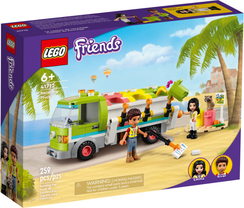 Zestaw Lego Friends Recycling Truck z figurkami, ciężarówką i tłem sceny na plaży.