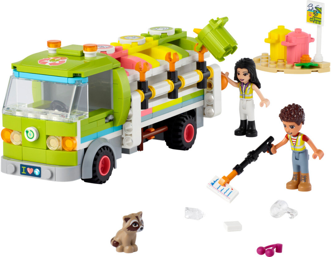 Śmieciarka Lego Friends z dwiema figurkami, szopem i koszami na śmieci. Zielony i biały.