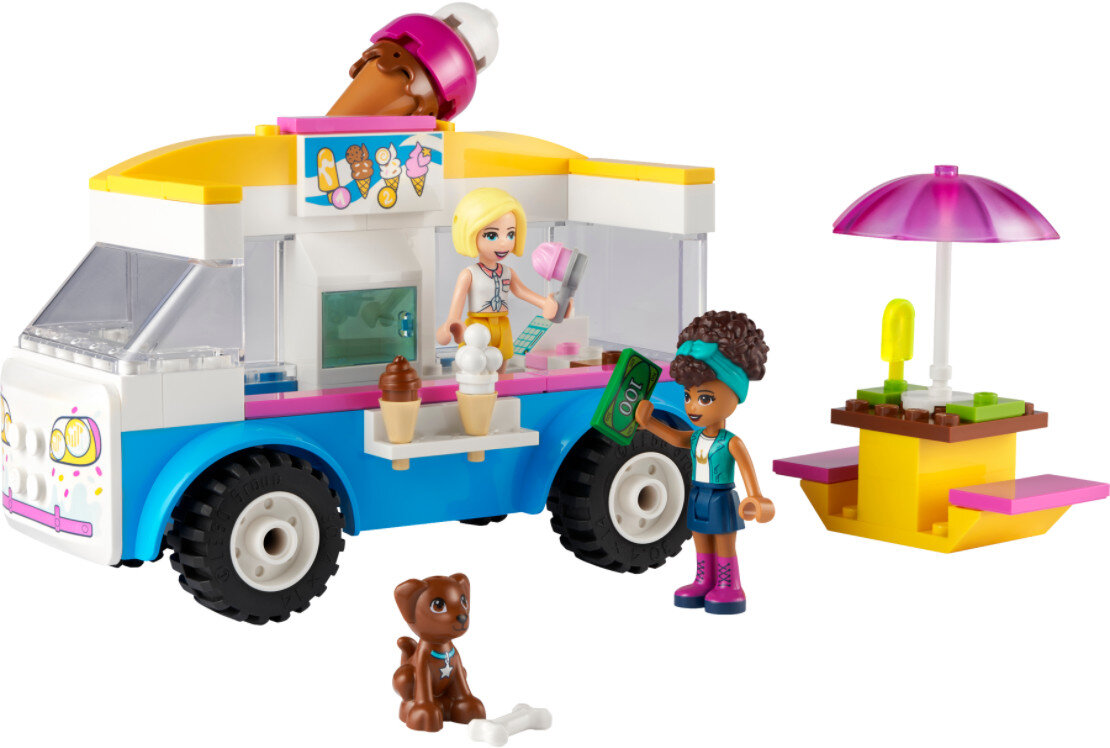 Lodziarnia Lego Friends z dwiema figurkami, psem i stołem piknikowym. Niebieski i żółty.