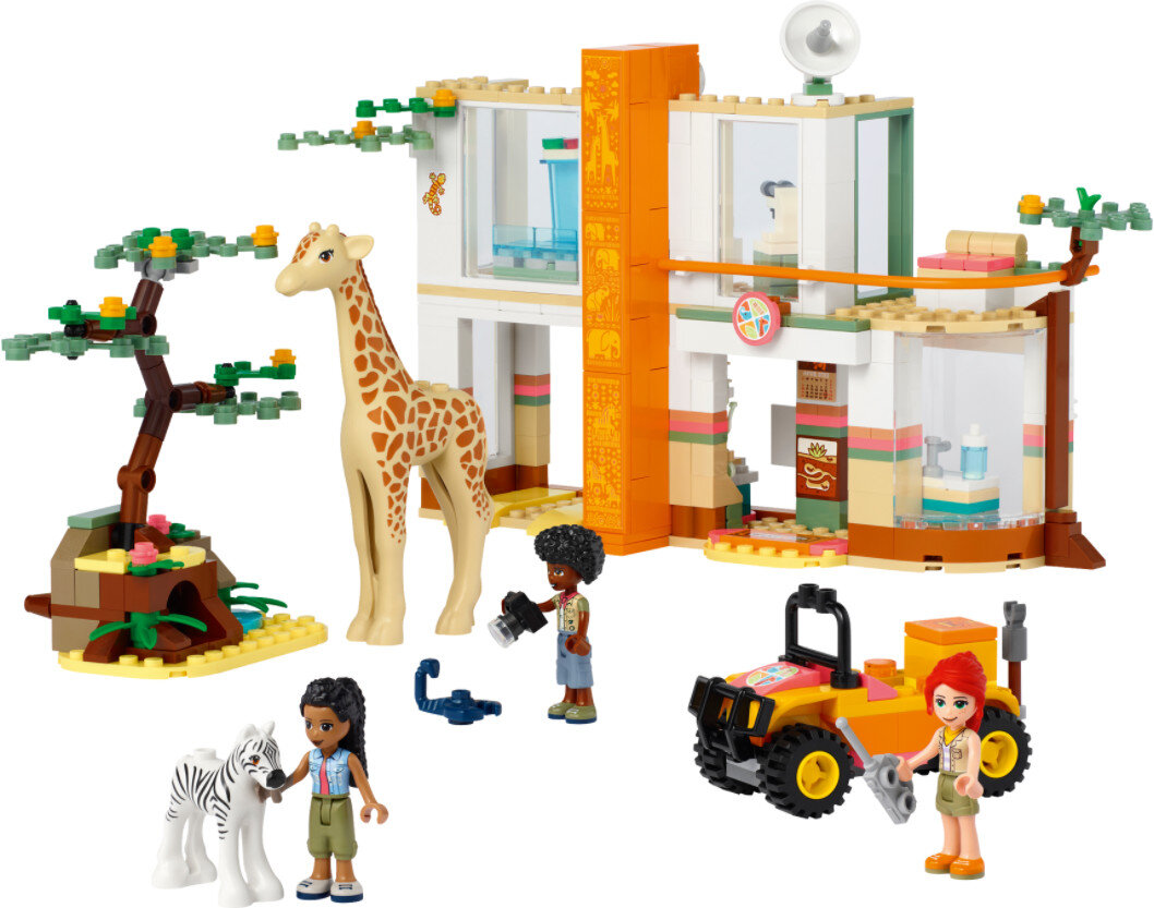 Zestaw Lego Friends. Budynek z żyrafą, zebrą i postaciami. Widoczny jest również żółty jeep.