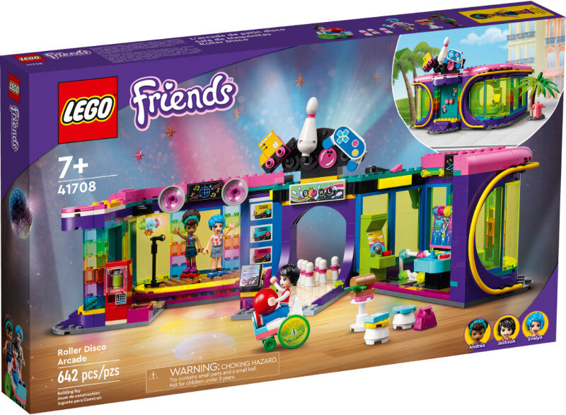 Zestaw Lego Friends Roller Disco Arcade. Zawiera kręgielnię i gry zręcznościowe.