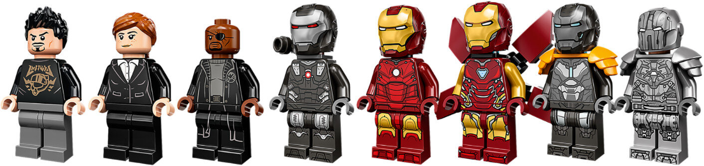 Figurki Lego: Tony Stark, Pepper Potts, James Rhodes i zbroje Iron Mana.