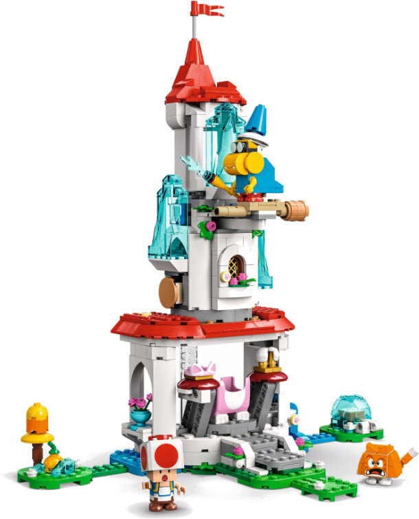 Zestaw wieży Lego Super Mario z kilkoma figurkami. Kolory biały, czerwony i niebieski.