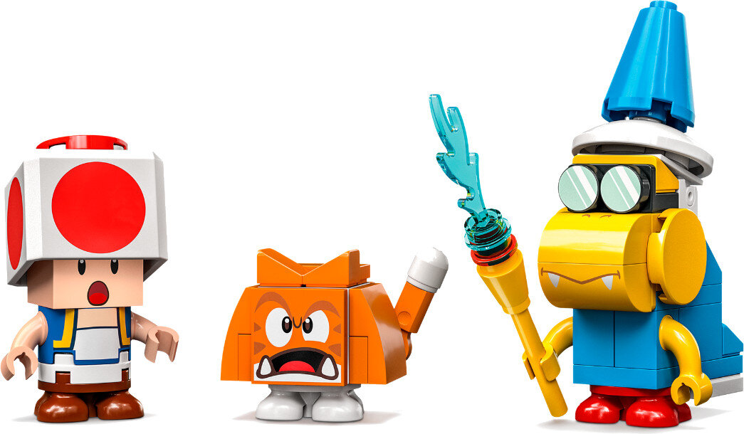 Postacie Lego: Toad, pomarańczowy Goomba i postać podobna do czarodzieja z różdżką, na białym tle.