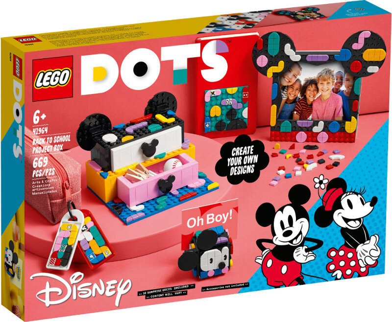 Zestaw Lego DOTS Back to School Project Box. Kolorowe klocki Lego w pudełku z Myszka Miki i Minnie.