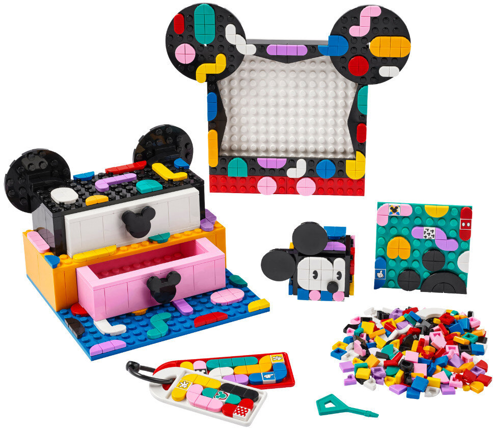 Zestaw Lego z motywem Myszki Miki. Zawiera pudełko i ramkę na zdjęcia.