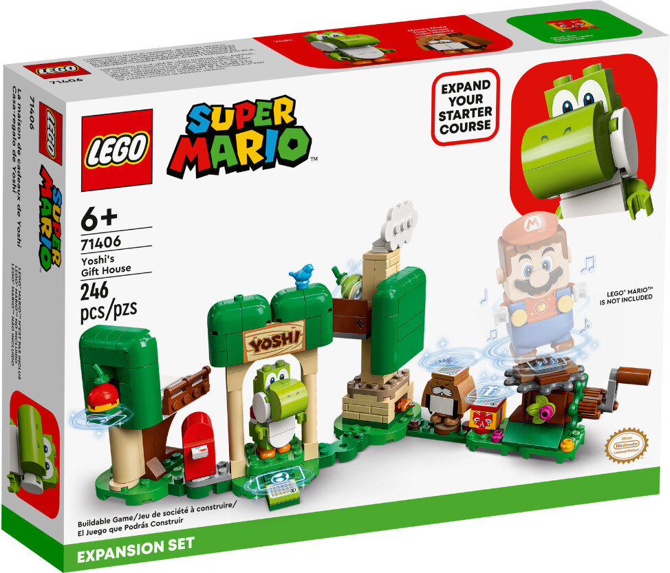 Zestaw Lego Super Mario Yoshi's Gift House z figurką Mario, zielonym Yoshim i budynkami.